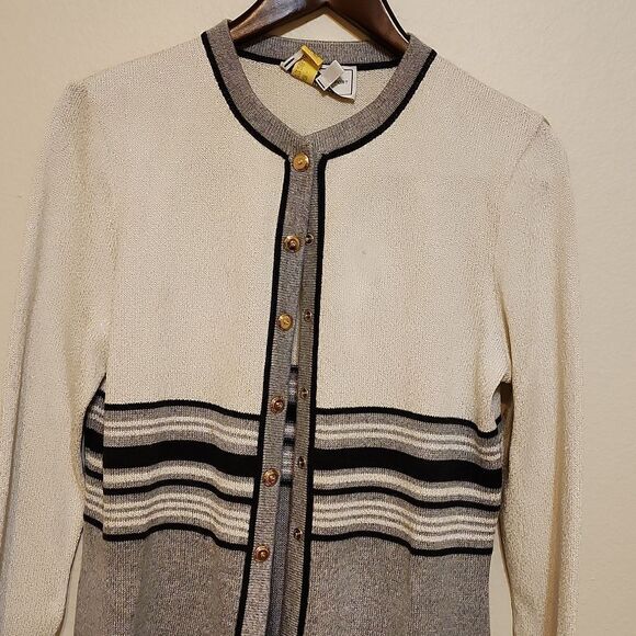 - ST.JOHN Cream, gray and black  cardigan gold buttons - Picture 2 of 14